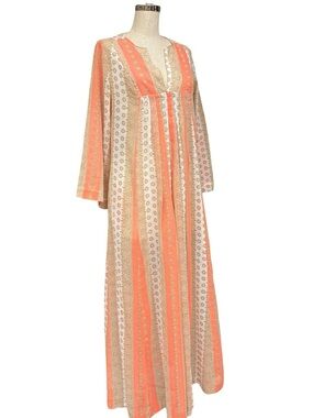 Vintage Saybury Orange Patterned Boho Caftan Maxi Dress Sheer Mod Summer Dress